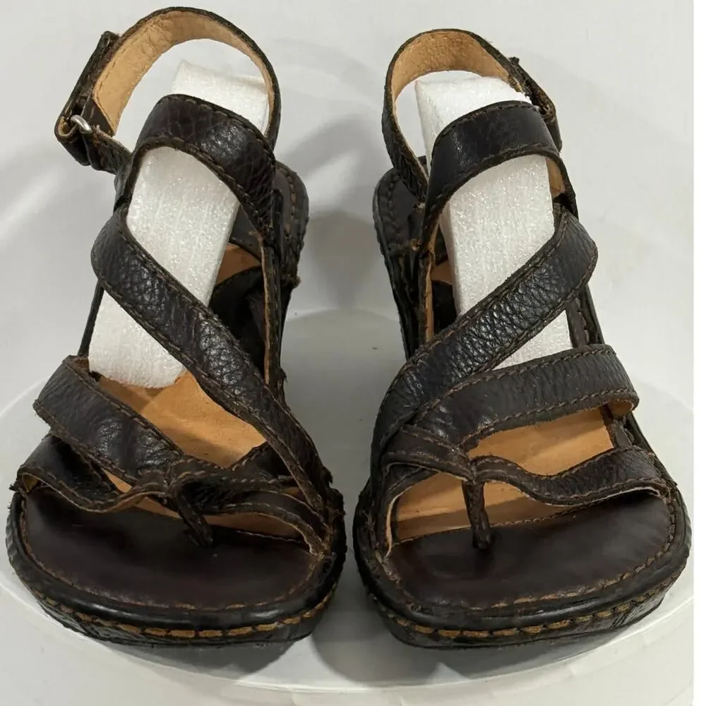 Born Leather Wedge Sandals Brown Strappy Comfort Bohemian W61566 Women’s Size 7M